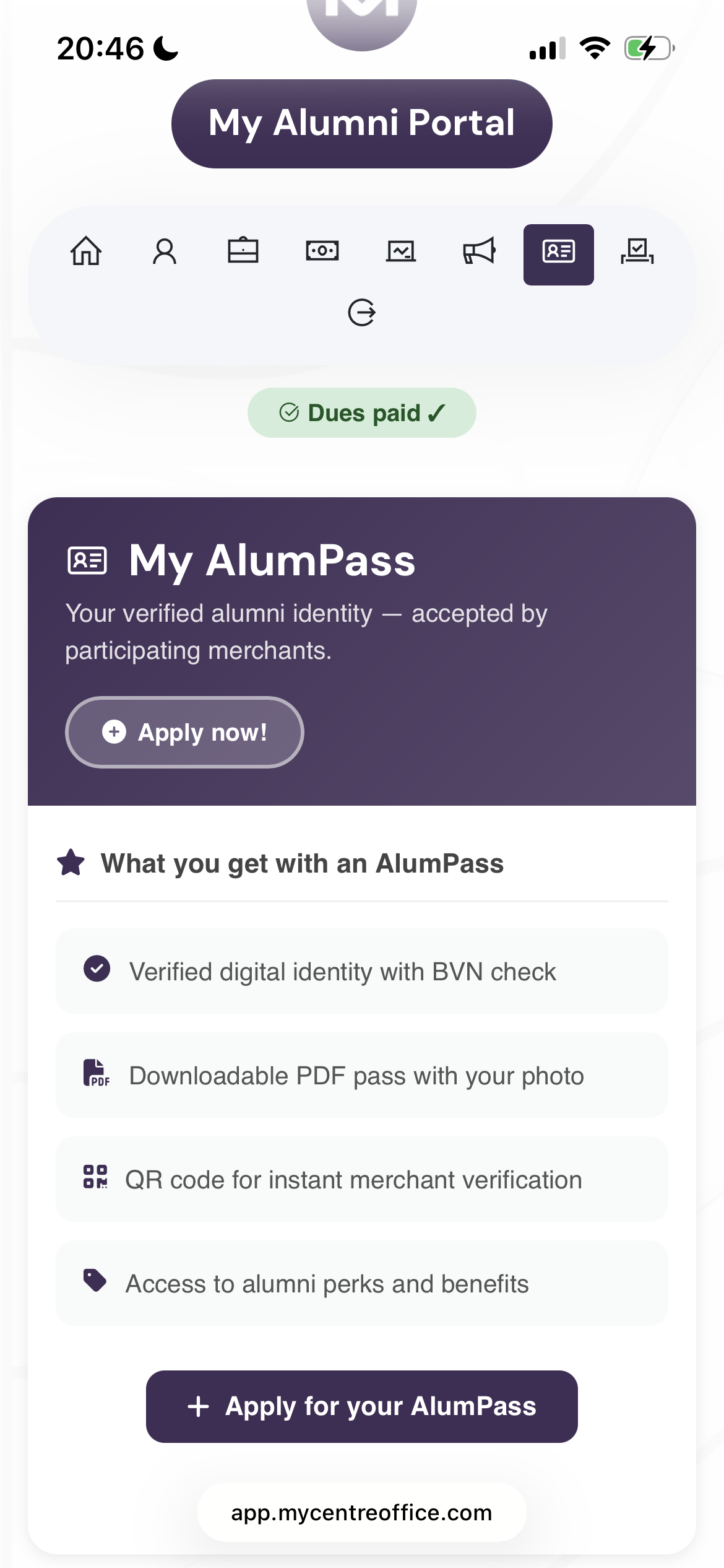 AlumPass application screen