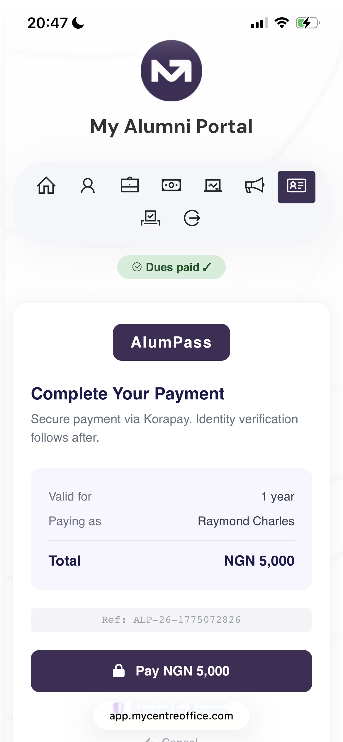 Payment screen