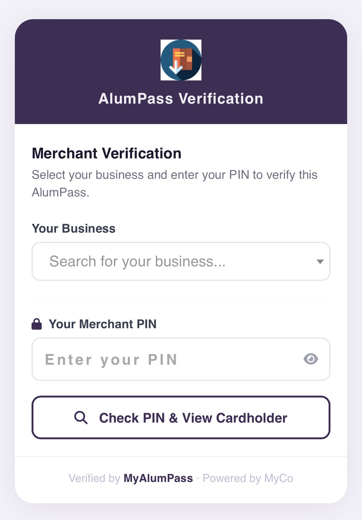 Verification screen — business selection and PIN entry